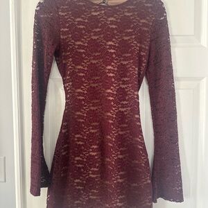 White Fox Boutique Maroon Lace Long Sleeve Dress